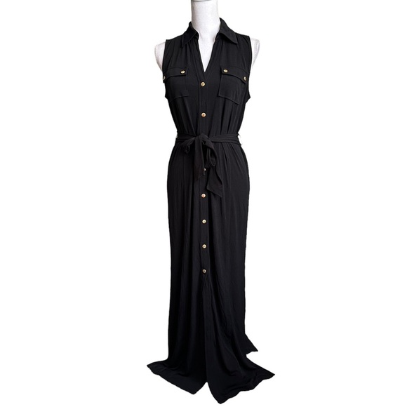 Carmen Marc Valvo Collared Belted Tie Waistline Black Sleeveless Dress M - Picture 1 of 17